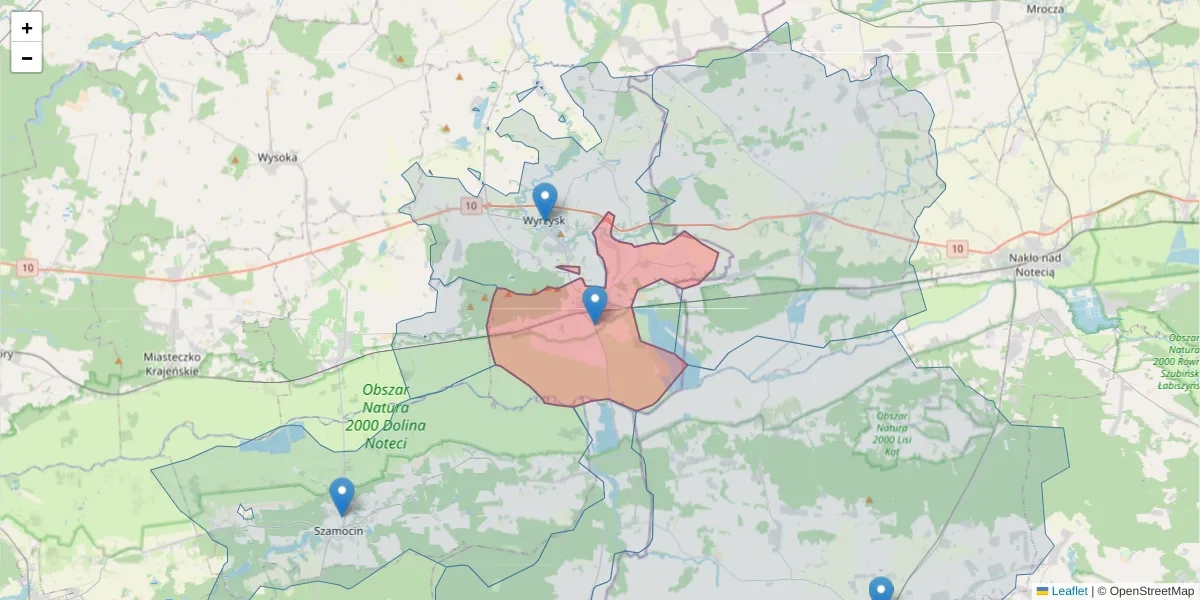 Szczegółowa mapa kodu pocztowego 89-333 z granicami, sąsiednimi kodami pocztowymi i urzędami pocztowymi