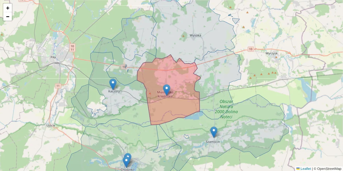 Szczegółowa mapa kodu pocztowego 89-350 z granicami, sąsiednimi kodami pocztowymi i urzędami pocztowymi
