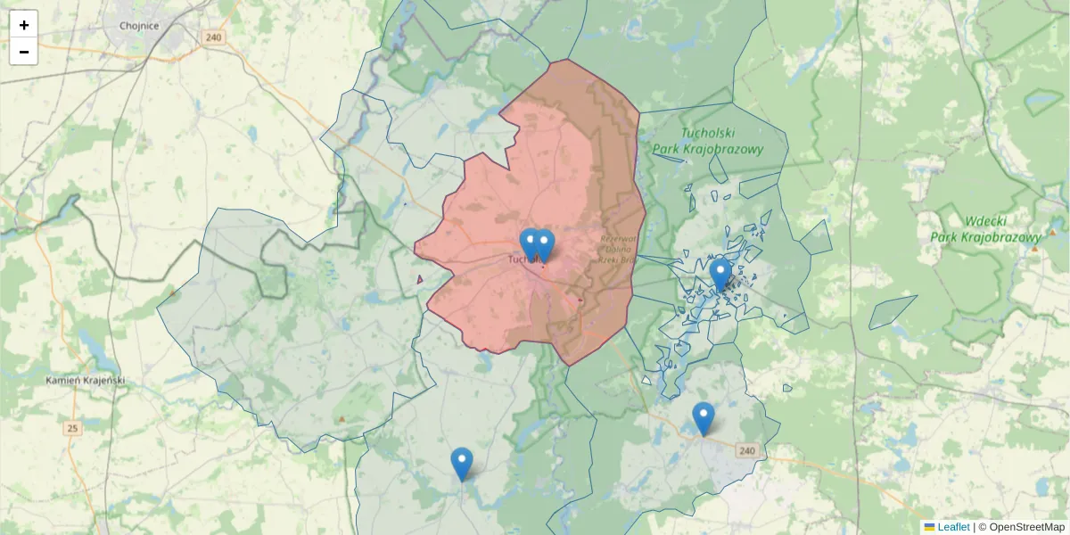 Szczegółowa mapa kodu pocztowego 89-500 z granicami, sąsiednimi kodami pocztowymi i urzędami pocztowymi