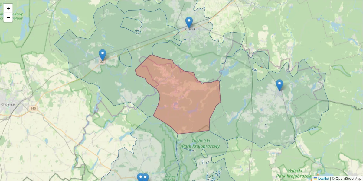 Szczegółowa mapa kodu pocztowego 89-504 z granicami, sąsiednimi kodami pocztowymi i urzędami pocztowymi