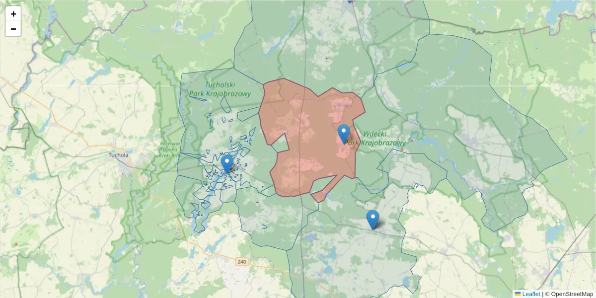 Szczegółowa mapa kodu pocztowego 89-505 z granicami, sąsiednimi kodami pocztowymi i urzędami pocztowymi