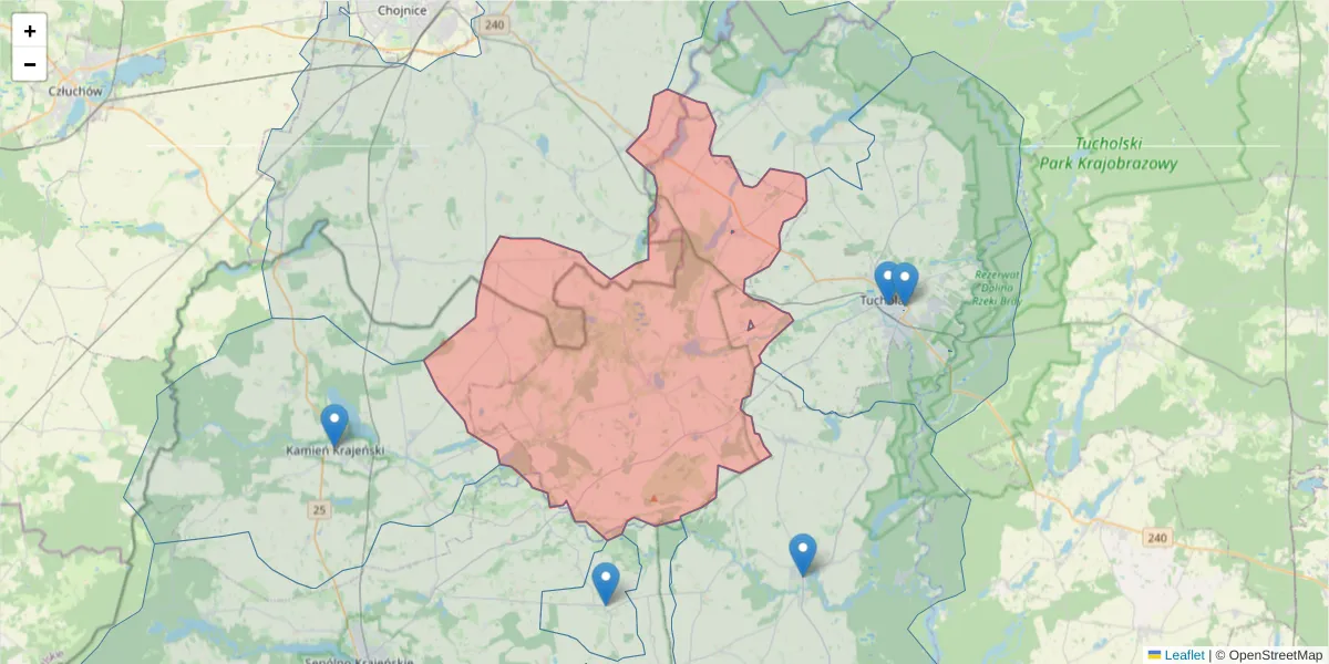 Szczegółowa mapa kodu pocztowego 89-506 z granicami, sąsiednimi kodami pocztowymi i urzędami pocztowymi