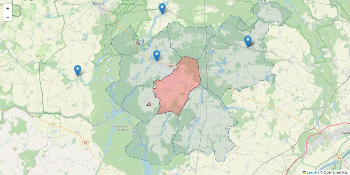 Szczegółowa mapa kodu pocztowego 89-526 z granicami, sąsiednimi kodami pocztowymi i urzędami pocztowymi