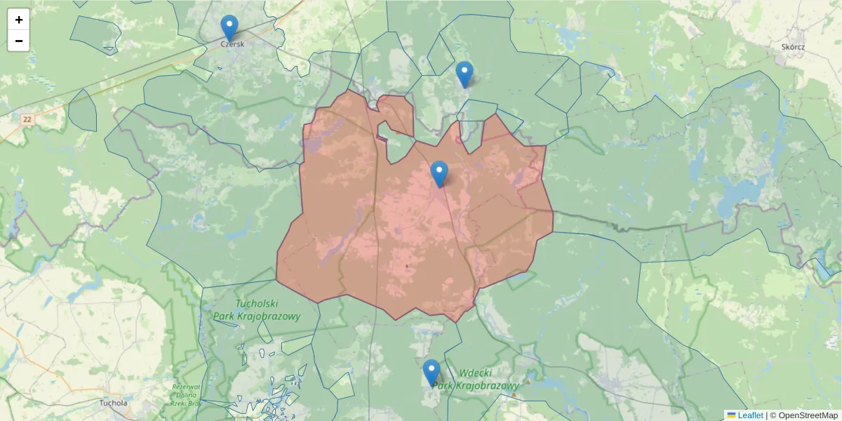 Szczegółowa mapa kodu pocztowego 89-530 z granicami, sąsiednimi kodami pocztowymi i urzędami pocztowymi