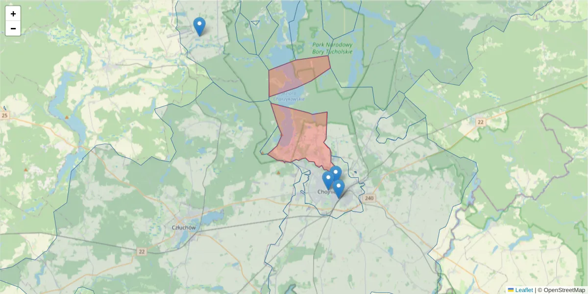 Szczegółowa mapa kodu pocztowego 89-606 z granicami, sąsiednimi kodami pocztowymi i urzędami pocztowymi