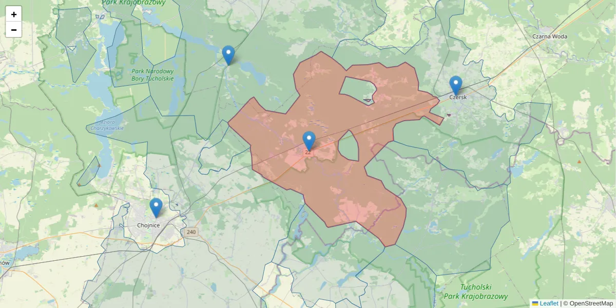 Szczegółowa mapa kodu pocztowego 89-642 z granicami, sąsiednimi kodami pocztowymi i urzędami pocztowymi