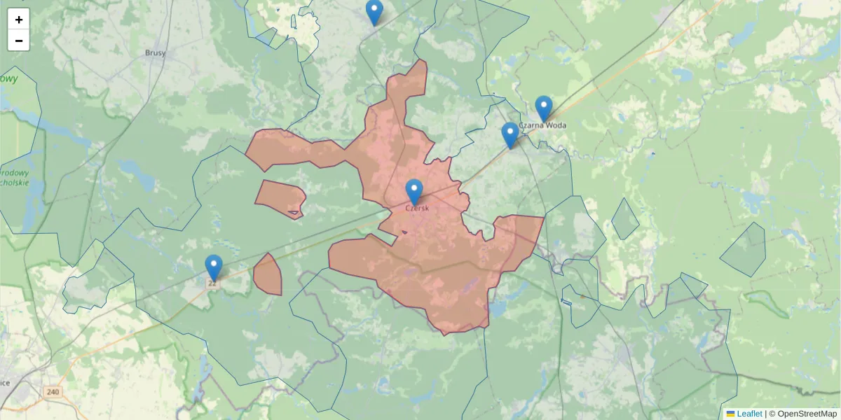 Szczegółowa mapa kodu pocztowego 89-650 z granicami, sąsiednimi kodami pocztowymi i urzędami pocztowymi