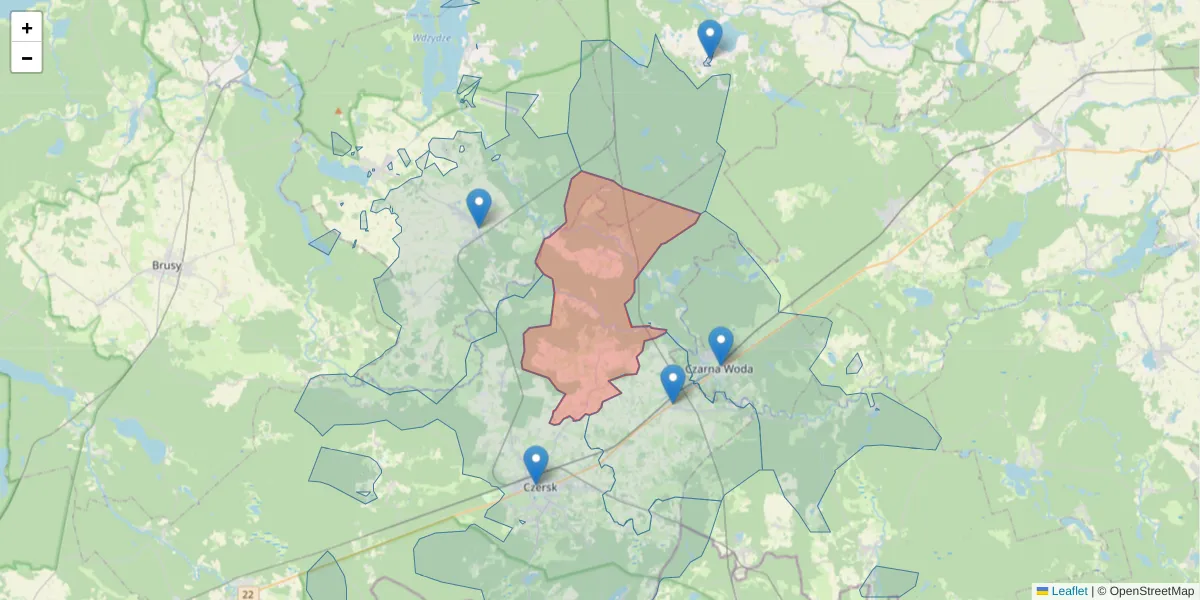 Szczegółowa mapa kodu pocztowego 89-651 z granicami, sąsiednimi kodami pocztowymi i urzędami pocztowymi