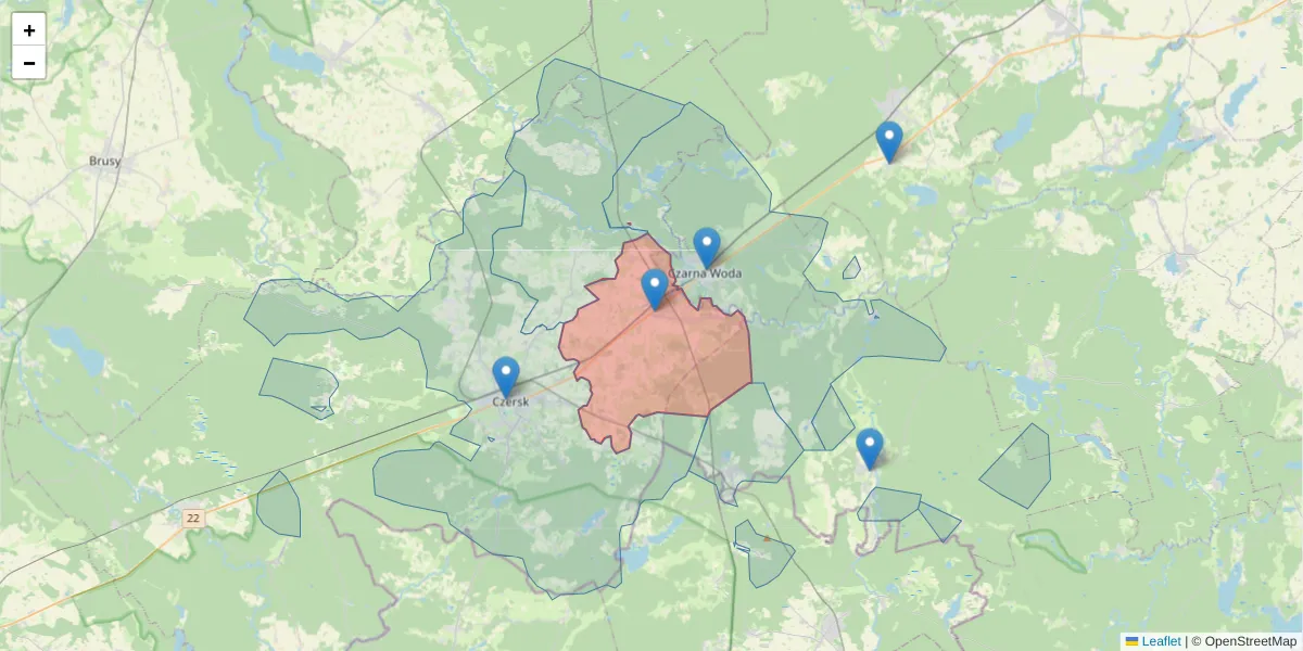 Szczegółowa mapa kodu pocztowego 89-652 z granicami, sąsiednimi kodami pocztowymi i urzędami pocztowymi