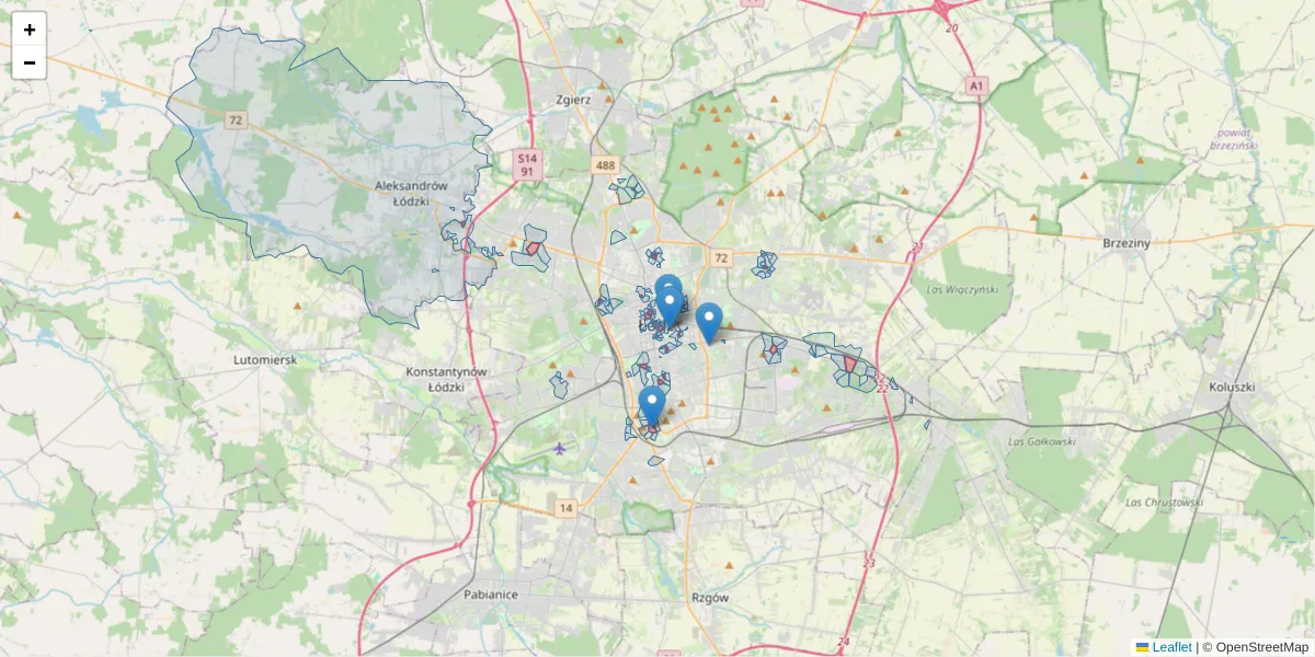 Szczegółowa mapa kodu pocztowego 90-001 z granicami, sąsiednimi kodami pocztowymi i urzędami pocztowymi