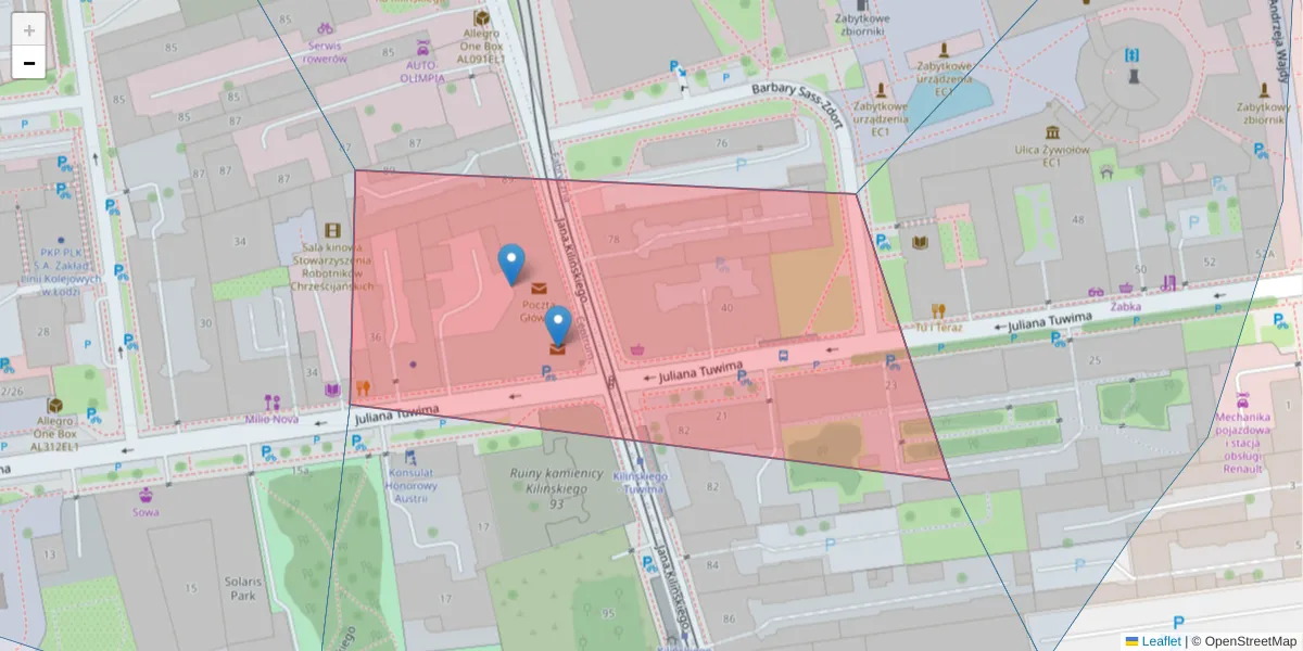 Szczegółowa mapa kodu pocztowego 90-015 z granicami, sąsiednimi kodami pocztowymi i urzędami pocztowymi