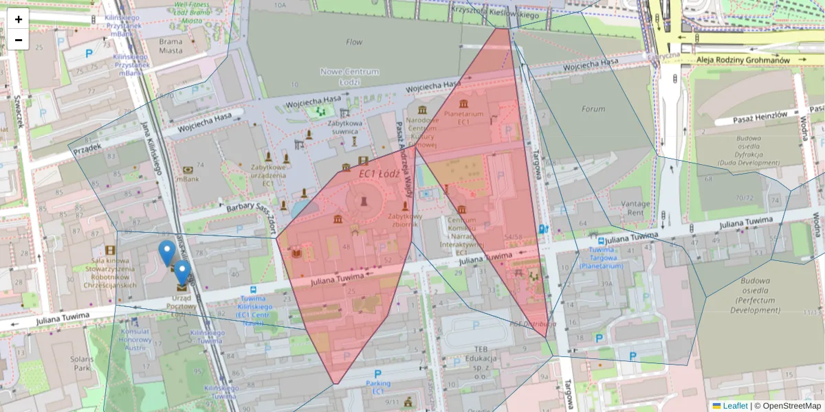 Szczegółowa mapa kodu pocztowego 90-021 z granicami, sąsiednimi kodami pocztowymi i urzędami pocztowymi