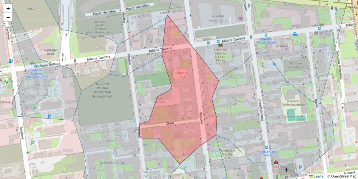 Szczegółowa mapa kodu pocztowego 90-023 z granicami, sąsiednimi kodami pocztowymi i urzędami pocztowymi