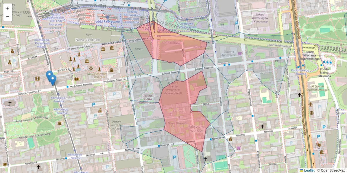 Szczegółowa mapa kodu pocztowego 90-024 z granicami, sąsiednimi kodami pocztowymi i urzędami pocztowymi