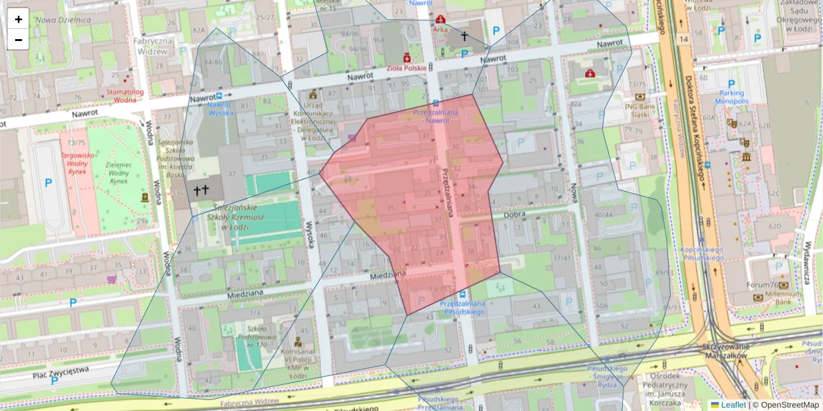 Szczegółowa mapa kodu pocztowego 90-035 z granicami, sąsiednimi kodami pocztowymi i urzędami pocztowymi
