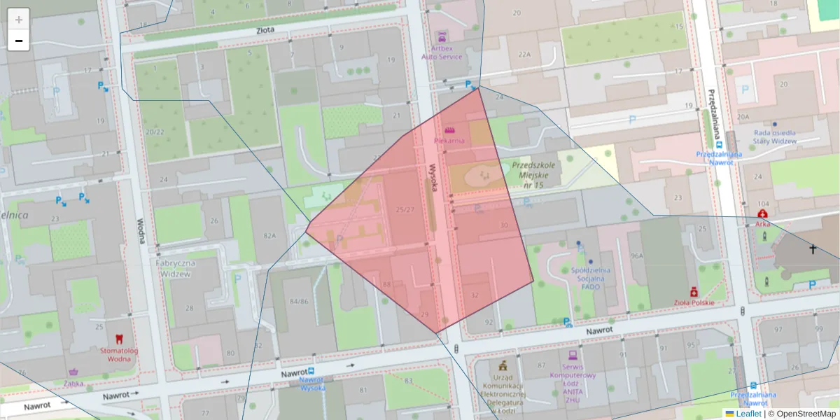 Szczegółowa mapa kodu pocztowego 90-036 z granicami, sąsiednimi kodami pocztowymi i urzędami pocztowymi