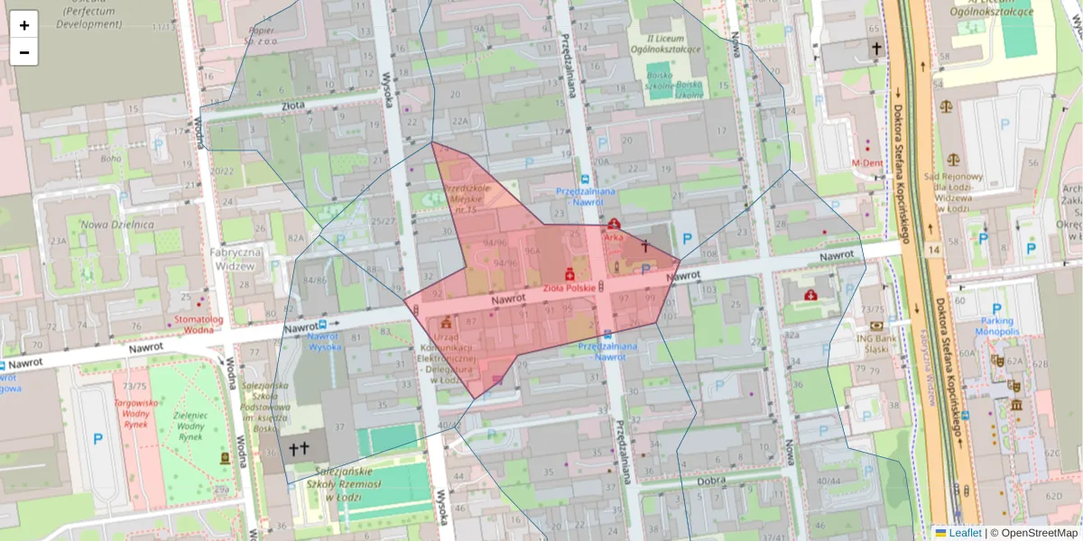 Szczegółowa mapa kodu pocztowego 90-040 z granicami, sąsiednimi kodami pocztowymi i urzędami pocztowymi