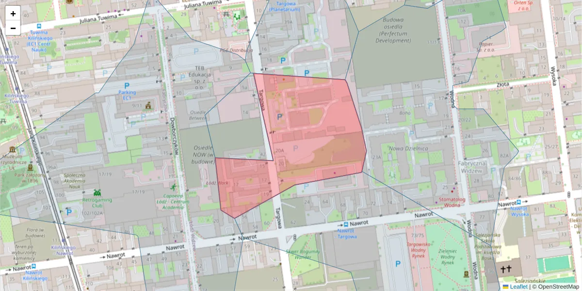 Szczegółowa mapa kodu pocztowego 90-042 z granicami, sąsiednimi kodami pocztowymi i urzędami pocztowymi