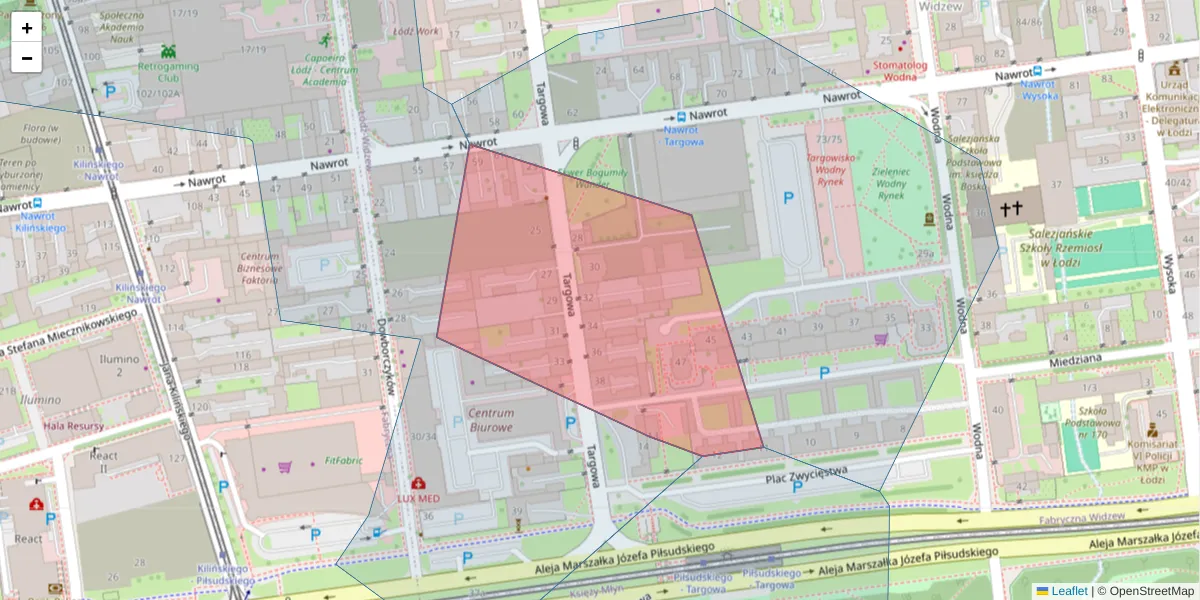 Szczegółowa mapa kodu pocztowego 90-043 z granicami, sąsiednimi kodami pocztowymi i urzędami pocztowymi