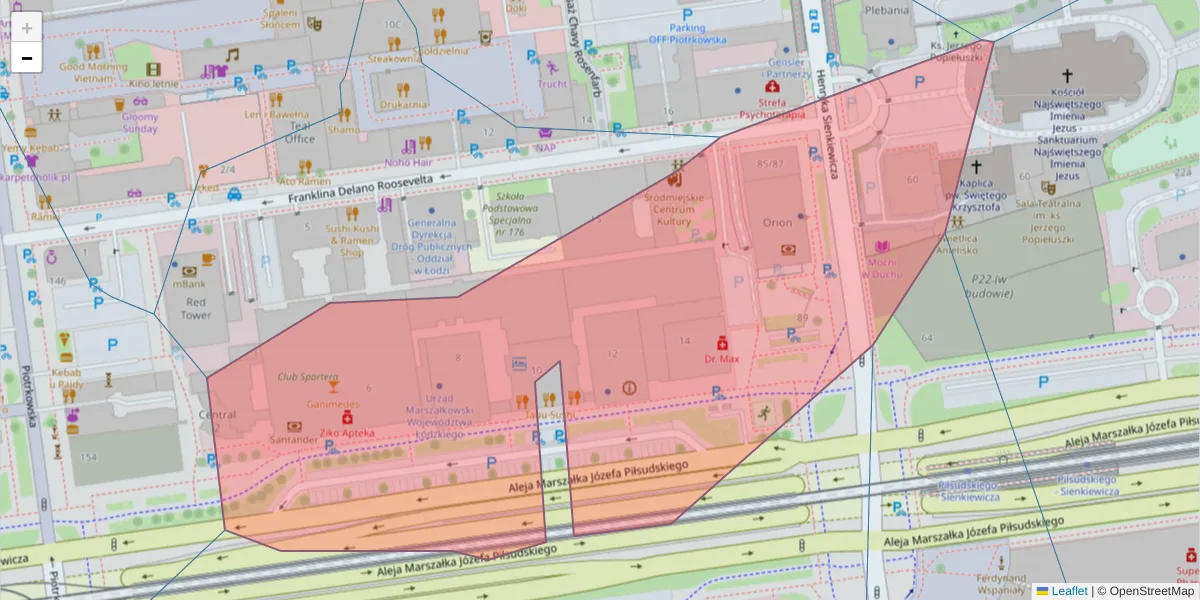 Szczegółowa mapa kodu pocztowego 90-051 z granicami, sąsiednimi kodami pocztowymi i urzędami pocztowymi