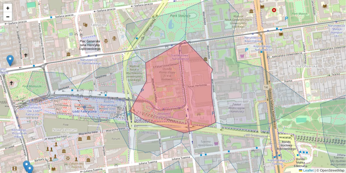 Szczegółowa mapa kodu pocztowego 90-132 z granicami, sąsiednimi kodami pocztowymi i urzędami pocztowymi