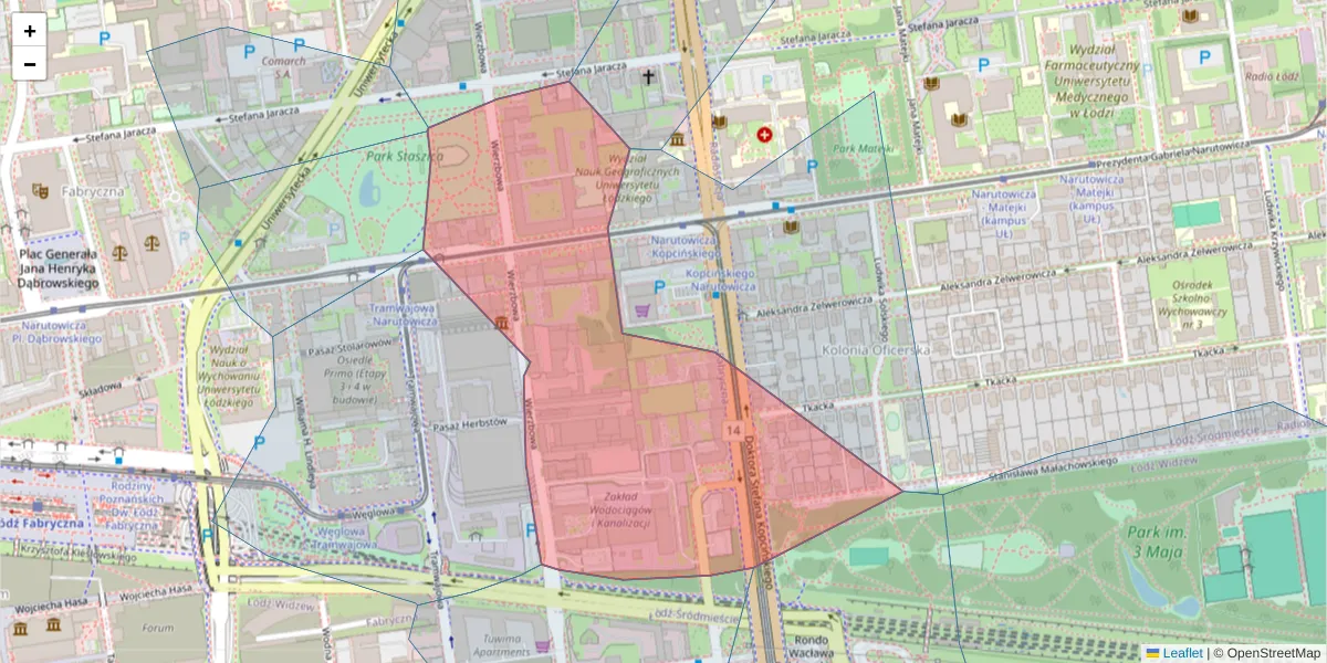 Szczegółowa mapa kodu pocztowego 90-133 z granicami, sąsiednimi kodami pocztowymi i urzędami pocztowymi