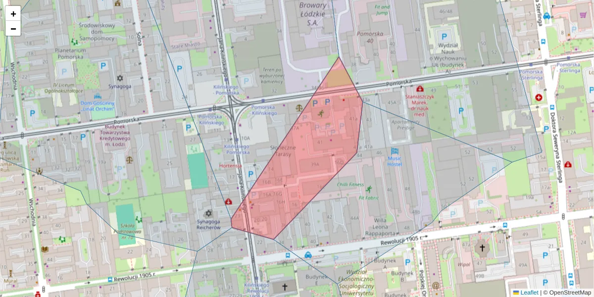Szczegółowa mapa kodu pocztowego 90-203 z granicami, sąsiednimi kodami pocztowymi i urzędami pocztowymi
