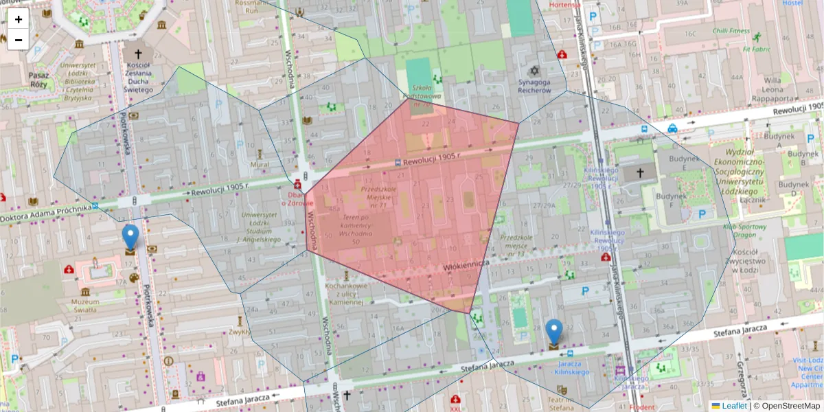 Szczegółowa mapa kodu pocztowego 90-206 z granicami, sąsiednimi kodami pocztowymi i urzędami pocztowymi