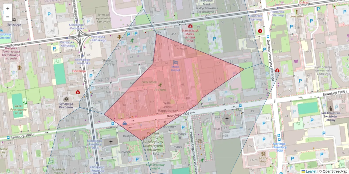 Szczegółowa mapa kodu pocztowego 90-213 z granicami, sąsiednimi kodami pocztowymi i urzędami pocztowymi