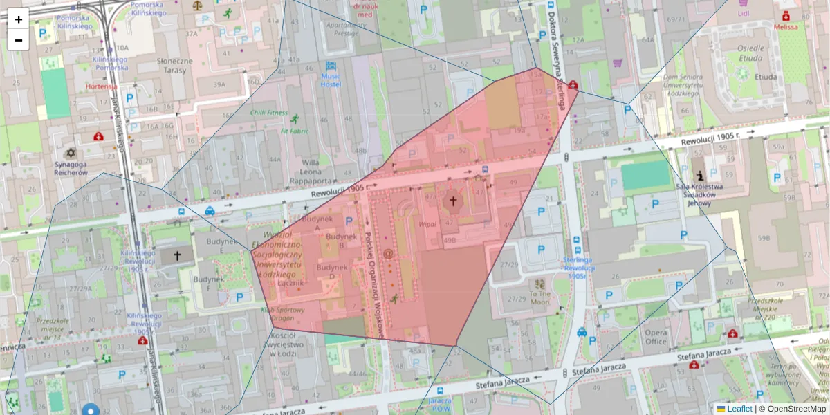 Szczegółowa mapa kodu pocztowego 90-215 z granicami, sąsiednimi kodami pocztowymi i urzędami pocztowymi