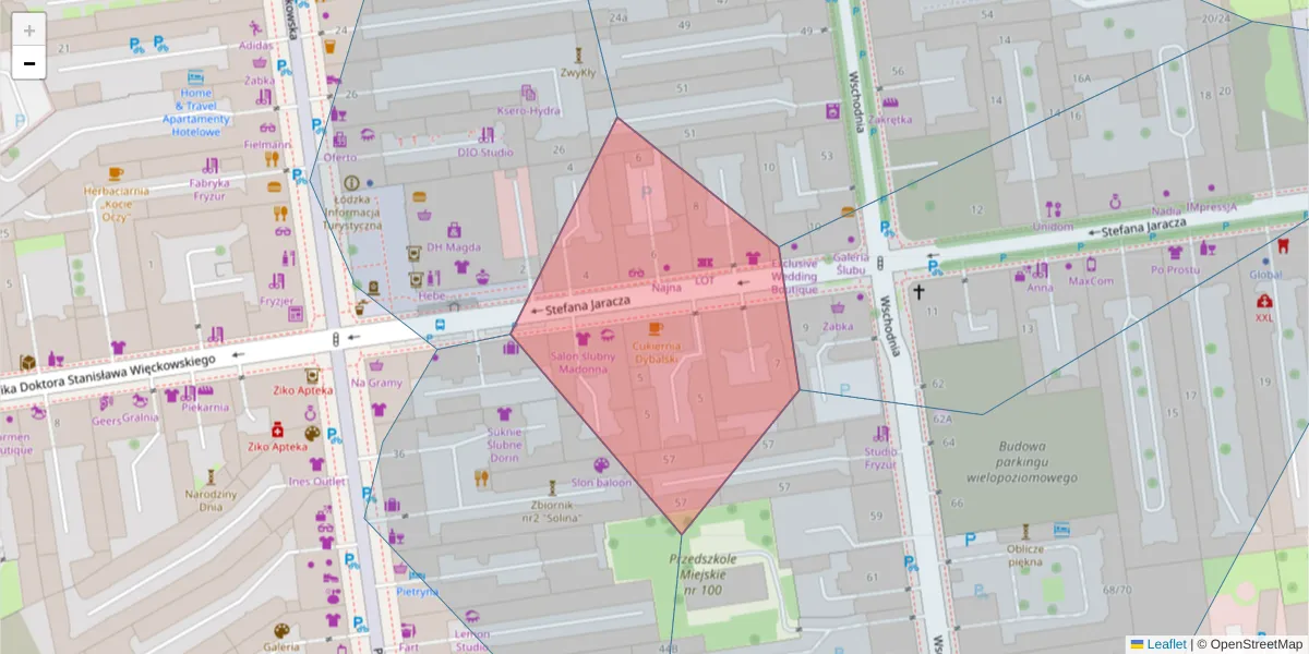 Szczegółowa mapa kodu pocztowego 90-264 z granicami, sąsiednimi kodami pocztowymi i urzędami pocztowymi