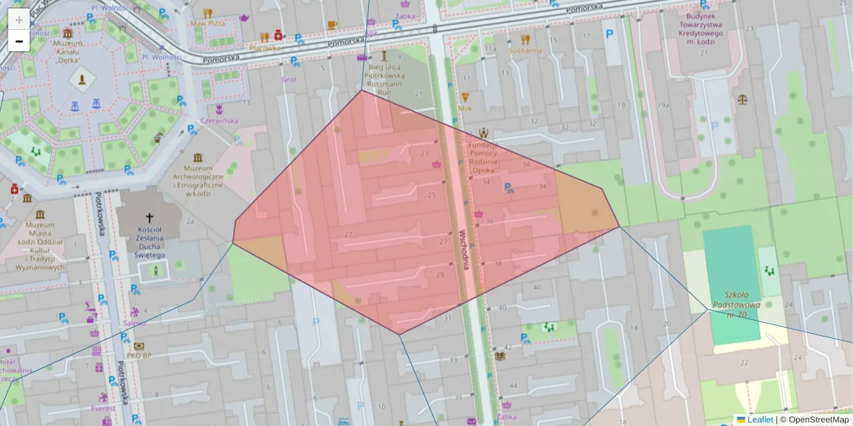 Szczegółowa mapa kodu pocztowego 90-272 z granicami, sąsiednimi kodami pocztowymi i urzędami pocztowymi