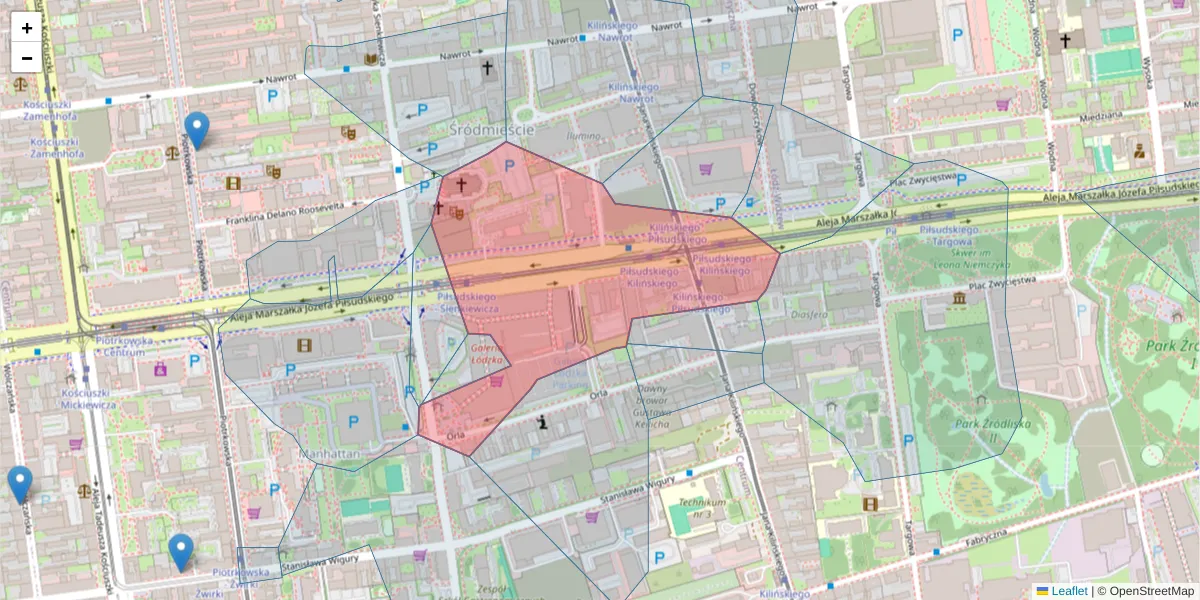 Szczegółowa mapa kodu pocztowego 90-307 z granicami, sąsiednimi kodami pocztowymi i urzędami pocztowymi