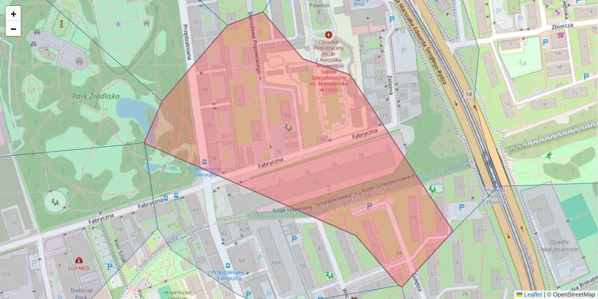 Szczegółowa mapa kodu pocztowego 90-331 z granicami, sąsiednimi kodami pocztowymi i urzędami pocztowymi