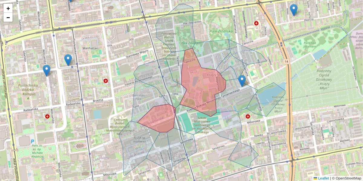 Szczegółowa mapa kodu pocztowego 90-349 z granicami, sąsiednimi kodami pocztowymi i urzędami pocztowymi