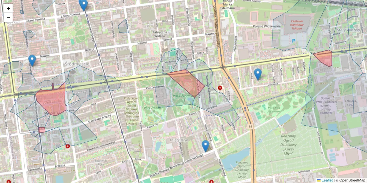Szczegółowa mapa kodu pocztowego 90-368 z granicami, sąsiednimi kodami pocztowymi i urzędami pocztowymi
