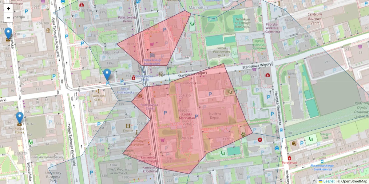 Szczegółowa mapa kodu pocztowego 90-369 z granicami, sąsiednimi kodami pocztowymi i urzędami pocztowymi