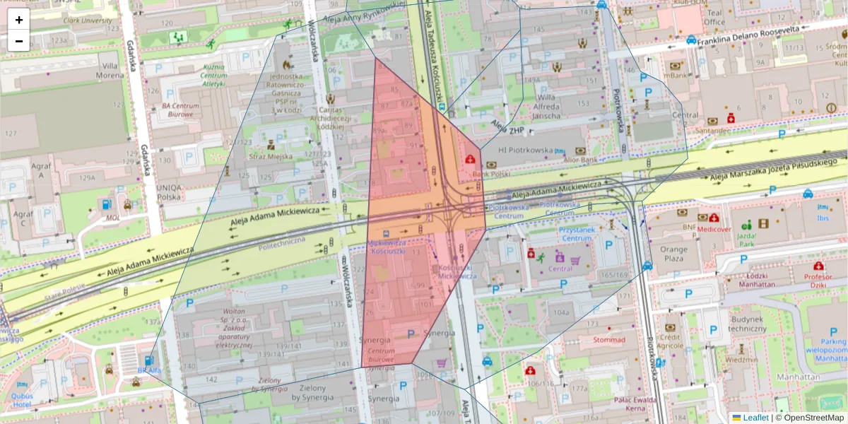 Szczegółowa mapa kodu pocztowego 90-436 z granicami, sąsiednimi kodami pocztowymi i urzędami pocztowymi