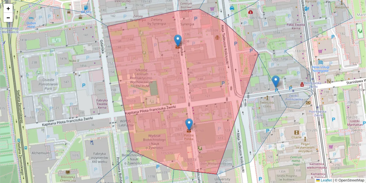 Szczegółowa mapa kodu pocztowego 90-441 z granicami, sąsiednimi kodami pocztowymi i urzędami pocztowymi