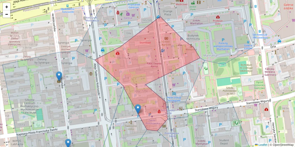 Szczegółowa mapa kodu pocztowego 90-447 z granicami, sąsiednimi kodami pocztowymi i urzędami pocztowymi