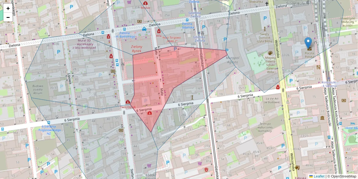 Szczegółowa mapa kodu pocztowego 90-616 z granicami, sąsiednimi kodami pocztowymi i urzędami pocztowymi