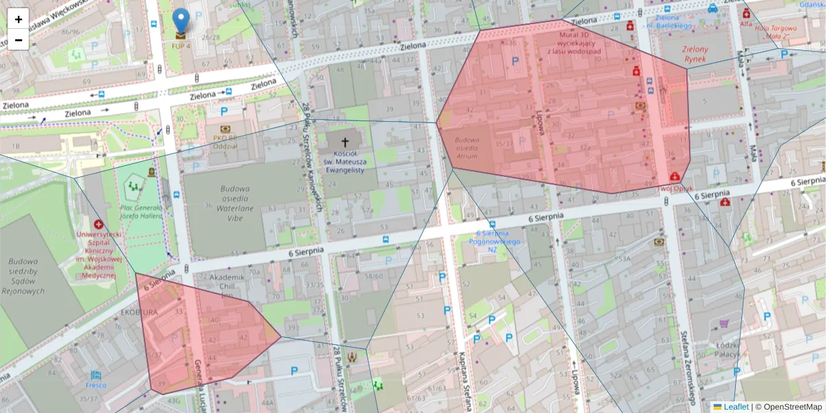 Szczegółowa mapa kodu pocztowego 90-624 z granicami, sąsiednimi kodami pocztowymi i urzędami pocztowymi