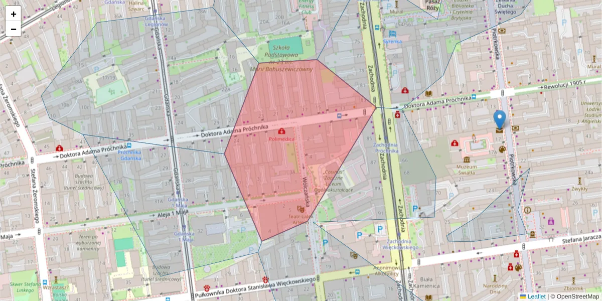 Szczegółowa mapa kodu pocztowego 90-720 z granicami, sąsiednimi kodami pocztowymi i urzędami pocztowymi