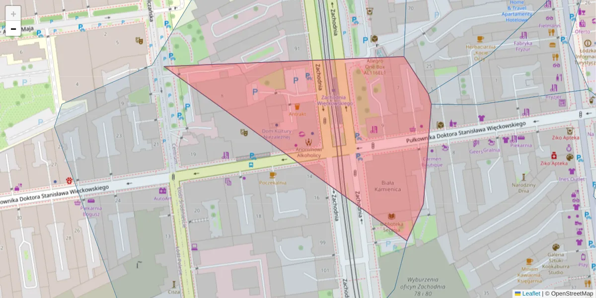 Szczegółowa mapa kodu pocztowego 90-721 z granicami, sąsiednimi kodami pocztowymi i urzędami pocztowymi