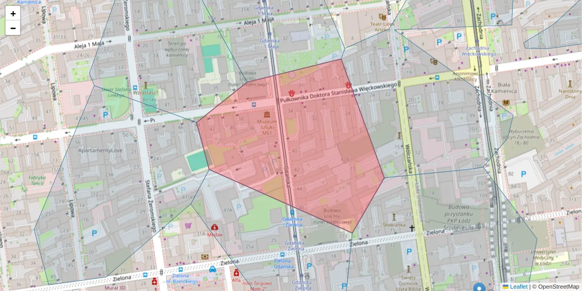 Szczegółowa mapa kodu pocztowego 90-729 z granicami, sąsiednimi kodami pocztowymi i urzędami pocztowymi