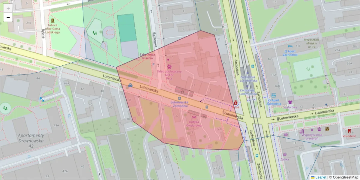 Szczegółowa mapa kodu pocztowego 91-004 z granicami, sąsiednimi kodami pocztowymi i urzędami pocztowymi