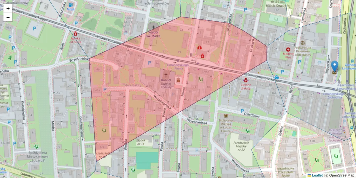 Szczegółowa mapa kodu pocztowego 91-049 z granicami, sąsiednimi kodami pocztowymi i urzędami pocztowymi
