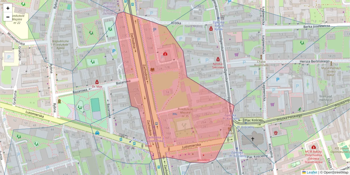 Szczegółowa mapa kodu pocztowego 91-058 z granicami, sąsiednimi kodami pocztowymi i urzędami pocztowymi
