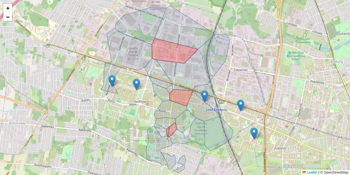 Szczegółowa mapa kodu pocztowego 91-111 z granicami, sąsiednimi kodami pocztowymi i urzędami pocztowymi