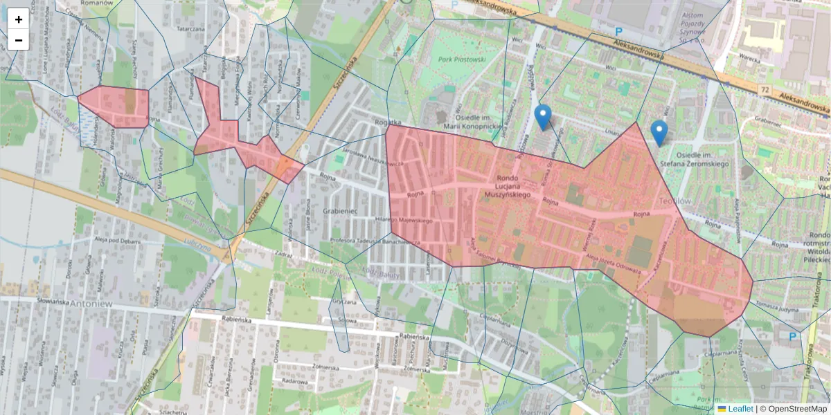 Szczegółowa mapa kodu pocztowego 91-134 z granicami, sąsiednimi kodami pocztowymi i urzędami pocztowymi